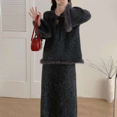 가을 겨울 임산부 상하복 임부 스웨터 + 롱 스커트 세트 프렌치 임부복 투피스 세트 YSQ