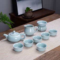 整套功夫哥窯汝窯茶具套裝家用可攜式茶具公司中秋活動伴手禮, 1個, 汝窯如意壺十件套:如圖所示637