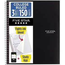 Five Star 유선 묶음 노트 3과목 150장 대학 용지 그린 (72067) 03, 블랙