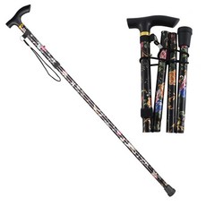 접이식 5단계 길이조절 꽃무늬 지팡이 가벼운 초경량 효도 노인 패션 스틱, 블랙, 1개