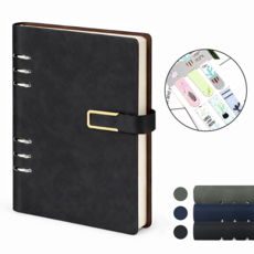 VEXLORA A5 6공 두꺼운 가죽 다이어리 비즈니스 업무용 루스 노트 휴대용 교체 내지 가능, 1개, 블랙