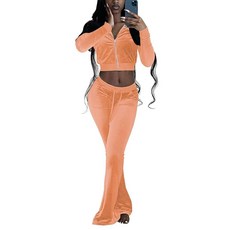 KOOBETON 여성용 투피스 벨루어 트랙수트 크롭 재킷 플레어 팬츠 세트 클럽 의상 주황색., KOOBETON 여성용 투피스 벨루어 트랙수트 크롭 재