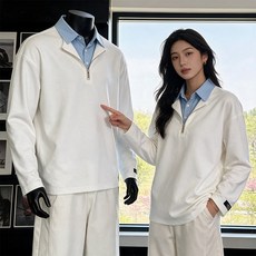 ZPEIZ 남성 가을 긴팔 맨투맨 레이어드 스타일 반집업 카라 캐주얼 데일리