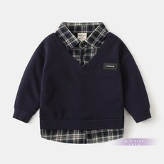 WAPYY 男童學院風格紋假兩件長袖襯衫