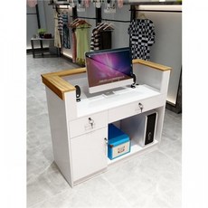 簡約現代小型收銀臺：美容院飯店前臺收銀櫃，服裝店收銀桌櫃檯店鋪吧臺，多功能接待前臺商用操作臺, 水泥灰加黑石色（U型雙抽櫃E4,160x50x100cm, 1個