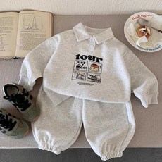 아동 남녀공용 카라 레트로 그래픽 맨투맨 상하 세트 주니어 조거 팬츠 투피스