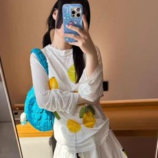 美式水果檸檬印花寬圓領長袖上衣 女款夏季薄款防曬罩衫