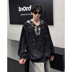 美式復古格子情侶連帽衛衣套裝 春季休閒長款運動上衣