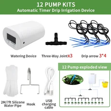 자동 식물 꽃 급수 펌프 가정용 스프링클러 드립 관개 장치 2 헤드 4 8/16 타이머 시스템 키트 정원 도구, [04] 12 pump kit, 04 12 pump kit