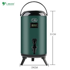 스테인레스 스틸 밀크티 절연 버킷 상업용 대용량 콜드 더블 레이어 두유 음료 온도계 차 음료 절연 버킷, 온도계가 있는 12L 짙은 녹색