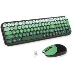 MOFII 무선 키보드 및 마우스 콤보 소형 타자기 복고풍 원형 컴퓨터 세트 플러그 앤 플레이 Windows 데, 01 블랙 그린 그라데이션