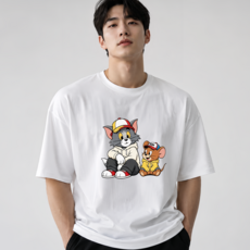 ALLBANGMALL 톰과 제리 후드 패션 캐릭터 일러스트 남녀공용 오버핏 라운드넥 반팔 티셔츠 커플 시밀러룩 데일리 캐주얼 그래픽 국내 프린팅 주문제작 100%면 200g