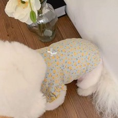 애견 꽃무늬 프릴 소매 티셔츠 실내복, 1개, 노랑