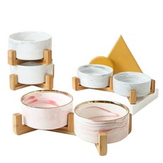 골드 대리석 고양이 강아지 밥그릇 물그릇 식기, A. 나무 랙 세라믹 고양이 목 보호 그릇 식, 1개