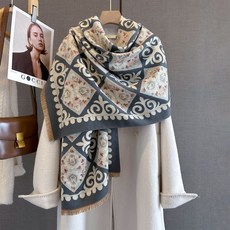 【送媽媽的禮物】新款民族風幾何花紋仿羊絨圍巾女秋冬季時尚百搭多功能圍脖披肩女