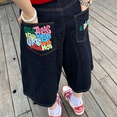 투니스 여성 빈티지 프린팅 루즈핏 스트레이트 7부 데님 바지