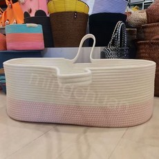 嬰兒棉繩提籃 新生寶寶外出便攜睡籃 車載搖籃三用 可手提寶寶出院神器, 【嬰兒藍】米白粉加墊子, 1個