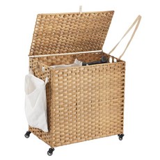 바퀴가 달린 세탁 바구니 130L(34.3갤런) 롤링 뚜껑 포함 탈착식 대형 2가지 색상 라이너 및 메시 가방 3개 측면 포켓이 있는 옷 브라운, 23.62"L x 15.75"W x 25.6"H, 천연