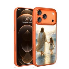 YOVIAKK 아이폰 17 프로 맥스용 케이스 귀여운 야광 어둠 속에서 빛나는 액정보호필름이 있는 풀 카메라 보호 금속 렌즈가 슬림 폰 (오렌지-소녀와 예수님) 214875