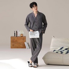 ORZQU 남성 여름 레저 스트라이프 잠옷 루즈핏 얇은 긴팔 잠옷 세트