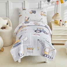 JHXHMX 4피스 유아 침구 세트 여아용 그린 플로럴 유아 이불 세트 부드러운 아기 침대 시트 세트에는 퀼트 이불 매트리스 커버 플랫 탑 시트 및 봉투 베개 커버 포함, 굴삭기