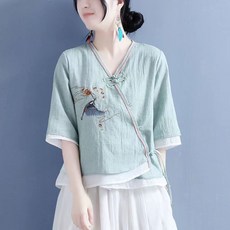 엘라누아르 새와 꽃 자수 브이넥 중소매 블라우스 여성 여름 차이나풍 복고 상의