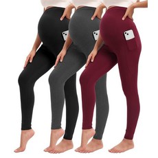 Siimcuzy 4팩 여성용 임산부 레깅스 복부 위 주머니 포함 임신 운동 요가 바지 액티브웨어 블랙 2개 헤더 그레이 1개 와인 1개 S