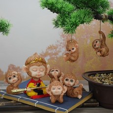 桃園出貨 車內擺件 齊天大聖車用搖頭公仔可愛猴子汽車 擺件 孫悟空車內創意車上 裝飾 品, 咖灰孫悟空+猴子6只（7件套）, 1個