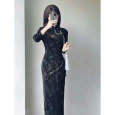 改良旗袍新中式黑色絲絨顯瘦連衣裙 年輕款少女長袖宴會禮服氣質長裙