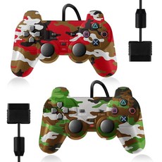 해볼 PS2 컨트롤러 PS2 / PS2 슬림 / PS1과 호환되는 2팩 유선 컨트롤러 듀얼 진동이 있는 PS2 교체 유선 컨트롤러 블랙, Camo Red