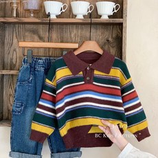 兒童男女童韓版翻領條紋針織衫