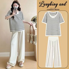 패션 임부복 상하의 세트 봄 여름 임산부 시크룩 스트라이프 상의 + 와이드 바지 캐주얼 루즈핏 투피스 WMY