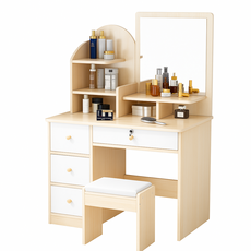 好的家居 法式四抽方鏡梳妝台 歐式簡約LED化妝台 贈梳妝椅, 法式四抽方鏡梳妝台 【櫻桃木色】贈梳妝椅, 櫻桃木色