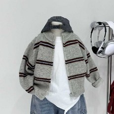 男童針織外套 拼色 時尚條紋外套 秋冬韓版 帥氣拉鏈開衫