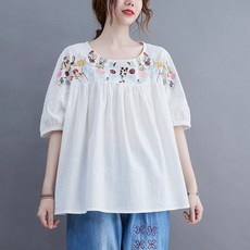 JLVJ 여름 여성 라운드 자수 면마 반팔 블라우스