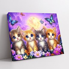 뉴타임즈 보석 자수 다이아몬드 그림 식물풍경 캔버스 40X50cm 액자 포함 가정 장식품 특별한 선물, 1세트, 고양이 네 마리 00260