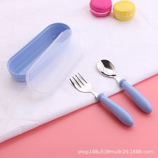 附收納盒嬰兒餵養學習叉勺組-寶寶學用便攜式不鏽鋼叉勺, 1個, 藍色, 藍色