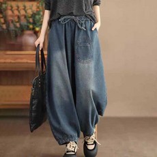 AOKADA 여성 오버핏 데님 팬츠 봄 여름 밴딩 하이웨스트 항아리 바지 벌룬 청바지