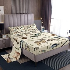 ECLATIS Erosebridal 사냥 및 낚시 트윈 침구 세트 어린이 남아 여아용 사슴 침대 시트 큰 배스 파이크 물고기 매트리스 커버 소박한 캐빈 레이크 하우스 시트, 베이지