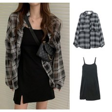 <유니크유니스> 끈나시 원피스 체크 셔츠 세트