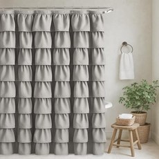 Seasonwood 스몰 스톨 팜하우스 샤워 커튼 91.4x182.9cm(36x72인치) 하프 사이즈 화이트 91.4 x 182.9cm(36 72인치) 패브릭 버튼 및 러플, 차콜 그레이