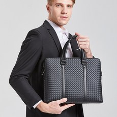 ANYOU 남성 비즈니스 서류가방 리얼 가죽 위빙 이중지퍼 노트백