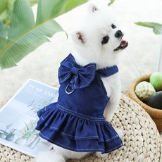 스타일럭 강아지 고양이 프릴 스커트 데님 원피스 하네스, 청, 1개, 프릴원피스