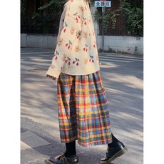 복고풍 무지개 체크 모직 중간 길이 스커트 여성 가을 겨울 하이웨이스트 슬림 학생 주름 스커트