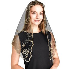 IVEIRVSY 가톨릭 만틸라 베일 선물 세트 삼각형 레이스 라틴 대량 기도 예배당 신부 베일 결혼식 교회 일상용 (골드 및 블랙), Gold and Black