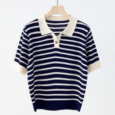 JENIT 女款基本橫條紋翻領短袖針織衫 n1703