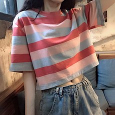 빅 스트라이프 박스 크롭 반팔 티셔츠 BI-A200210, 옐로우, XXL