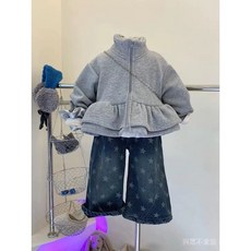 【桃園出貨】女童秋冬新款加絨兩件套雙層花邊下擺拉鏈衫花苞衛衣提花牛仔褲潮1206