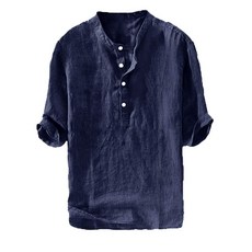 남성용 헨리 티셔츠 리넨 면 셔츠 버튼 업 비치 탑 캐주얼 반바지 반소매 경량 무지 티 화이트 02 Large 268566, Navy 02