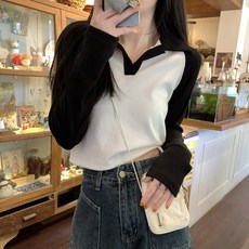 투니스 여성 슬림핏 폴로 카라 배색 골지 긴소매 티셔츠